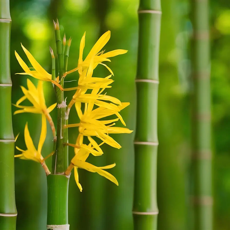Yellow bamboo flowers against green bamboo stems