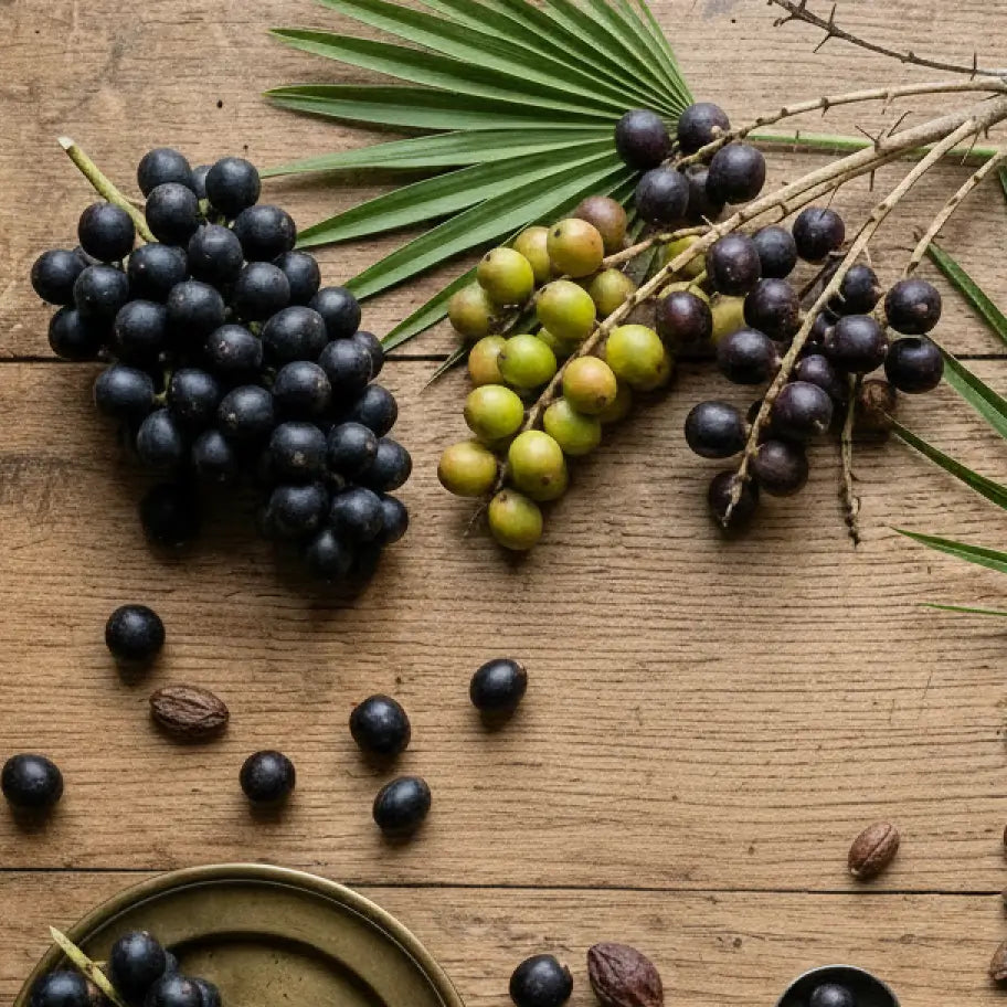 Saw palmetto berries on a wooden surface