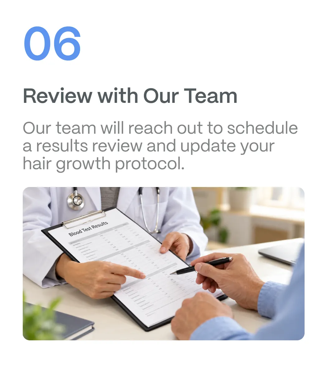 Step 06, Review with Our Team: our team will reach out to schedule a results review and update your hair growth protocol.