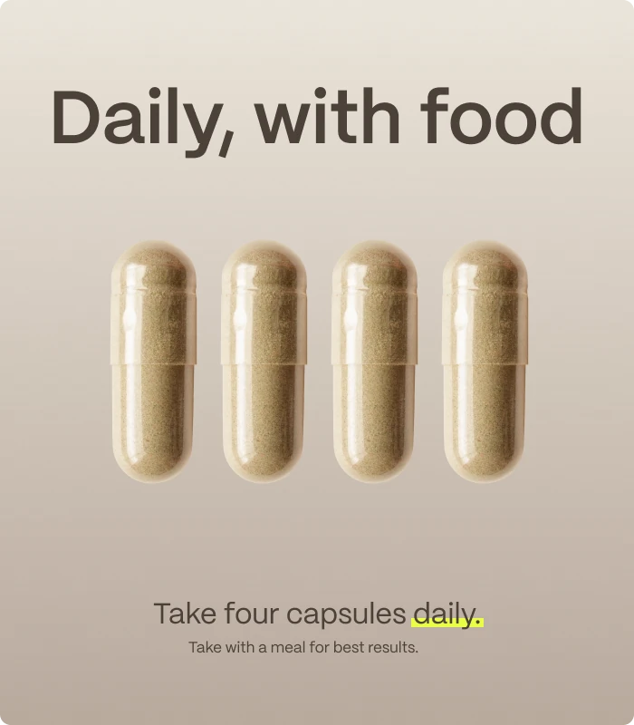 Daily, with food — Take four capsules daily. — Take with a meal for best results.