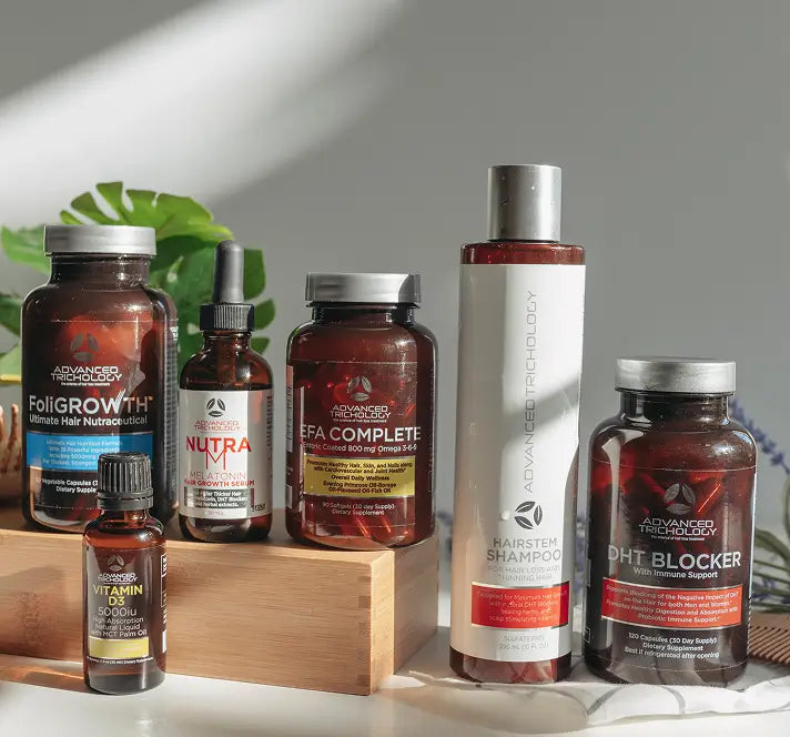 Advanced Trichology products including FoliGROWTH, Nutra M, EFA Complete and DHT Blocker