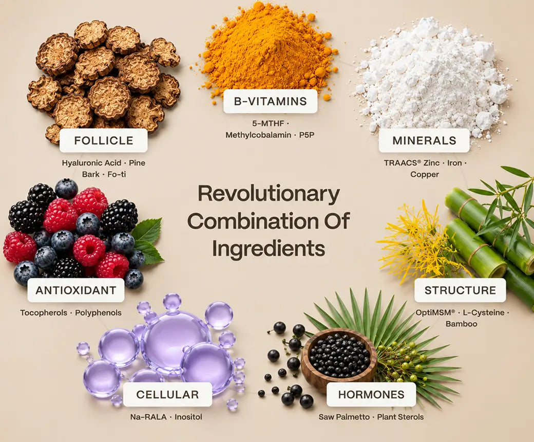 Revolutionary combination of ingredients: Follicle, B-Vitamins, Minerals, Antioxidant, Structure, Cellular and Hormones