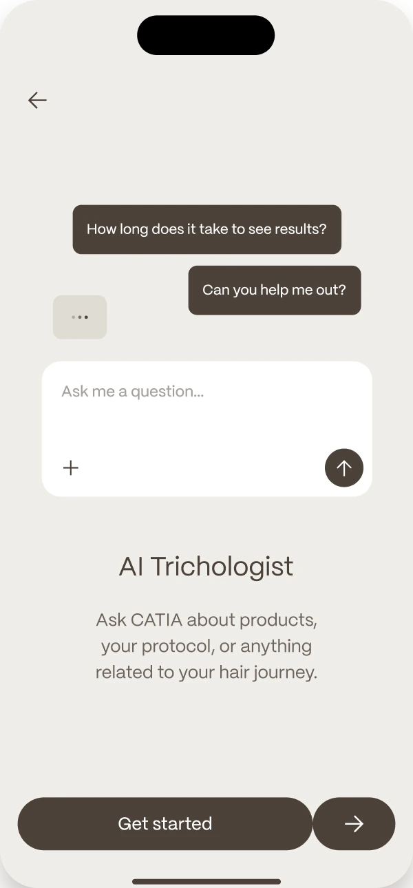 The AI Trichologist screen: a chat with CATIA and a box to ask a question