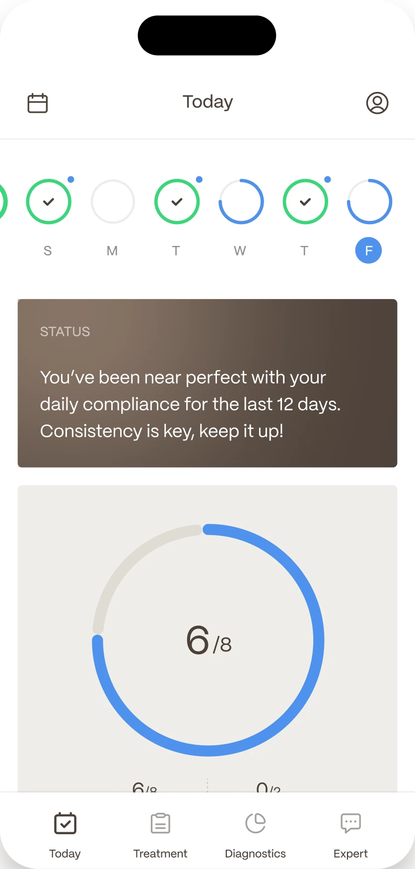 The app’s Today screen: a week of daily check-ins, a status note on your compliance and 6 of 8 daily tasks done