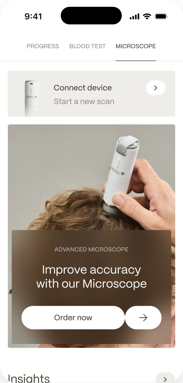 The Microscope tab: connect a device, start a new scan and a microscope pressed to the scalp