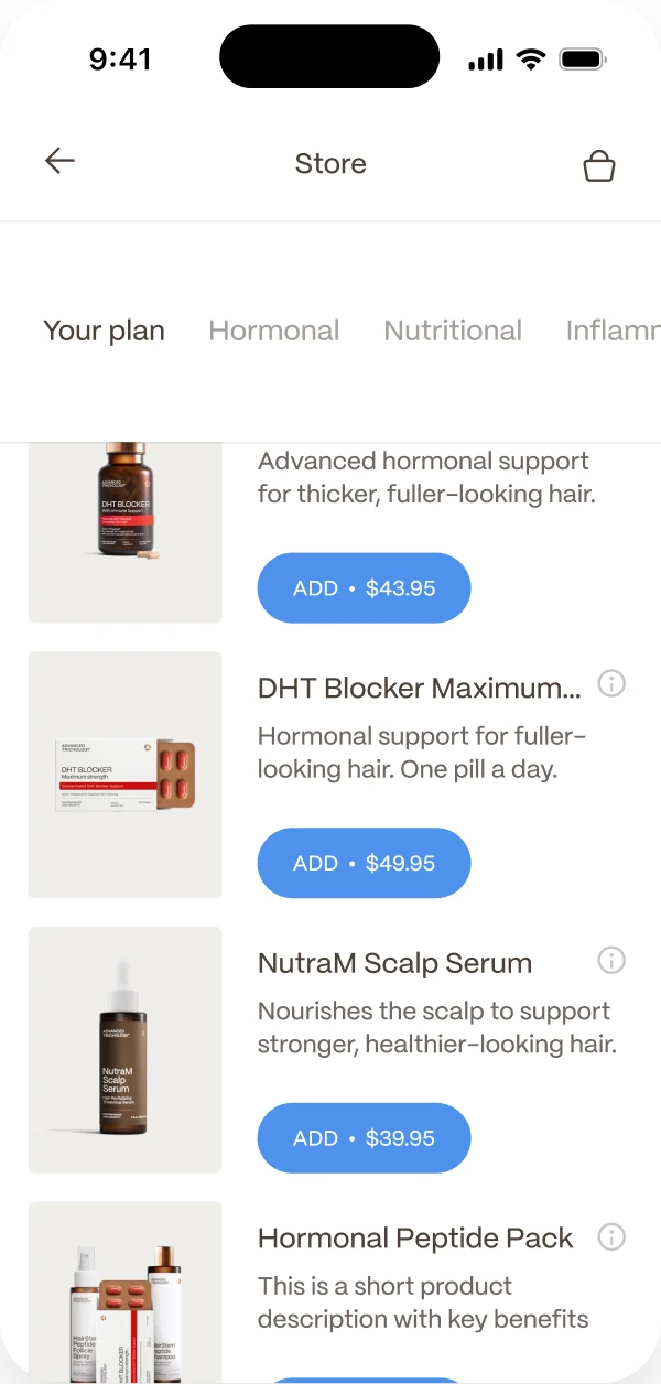 The store: products for your plan, sorted by zone, each with an add button